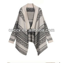 13STC5506 lady wool poncho shalw-collar jacquard cardigan sweater